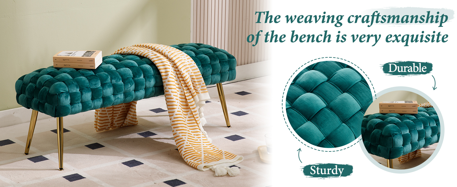 Long teal velvet tufted bench with curved rattan base and gold metal legs. Features deep button tufting and 'Durable' and 'Sturdy' text overlays showing craftsmanship details.