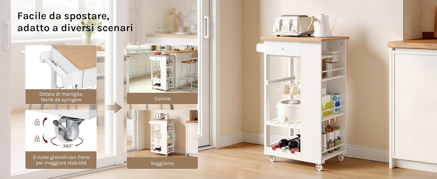 Il testo dice «Fácil de organizar, difícil a dejar ir». Scaffali in legno beige con scomparti aperti che espongono oggetti decorativi, libri e cestini portaoggetti in un ambiente interno luminoso e minimalista.