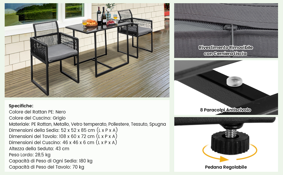 Set Giardino COSTWAY 3 Pezzi - Tavolo E Sedie In Rattan PE Con Vetro Temperato - Foto 6