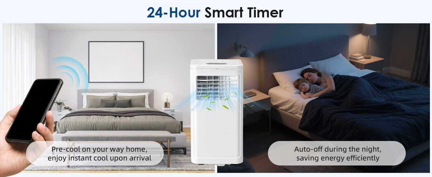 Text reads '24-Hour Smart Timer'. Smart home temperature control interface shown with pre-cooling and nighttime settings demonstrations.