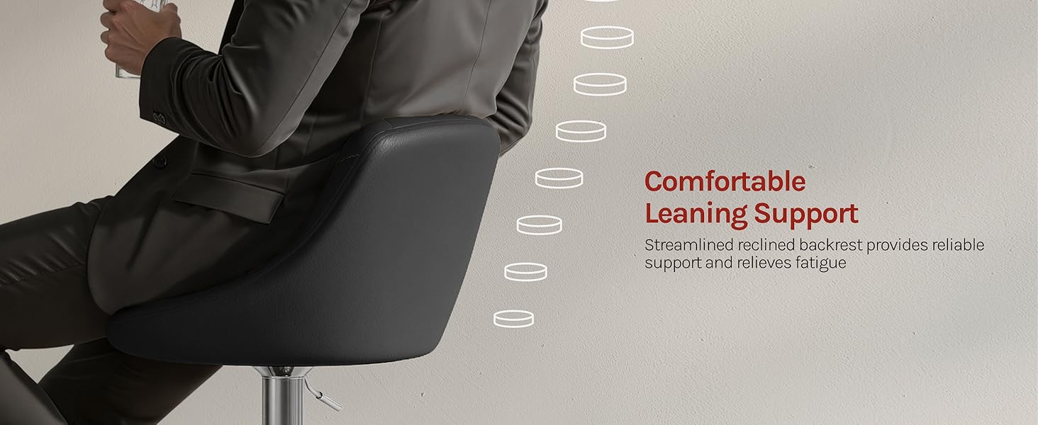 Text reads 'Comfortable Leaning Support'. Passenger leaning against armrest bracket on motorcycle, showing ergonomic positioning and comfort feature.