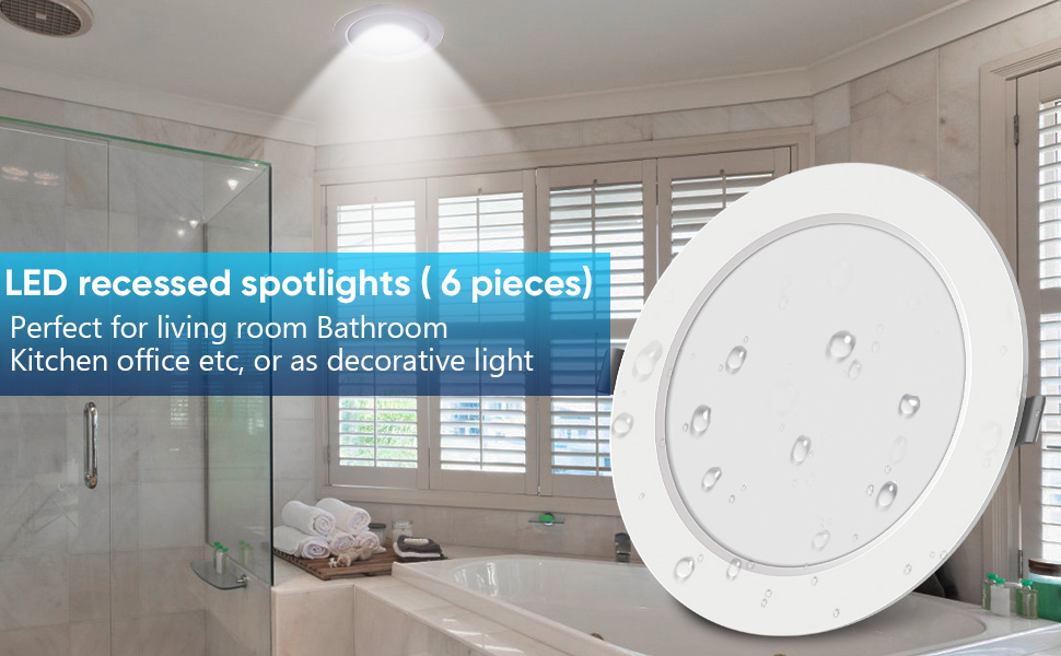 White circular LED recessed spotlight with multiple light points, shown in a bathroom setting. Product advertised as a 6-piece set for various rooms.
