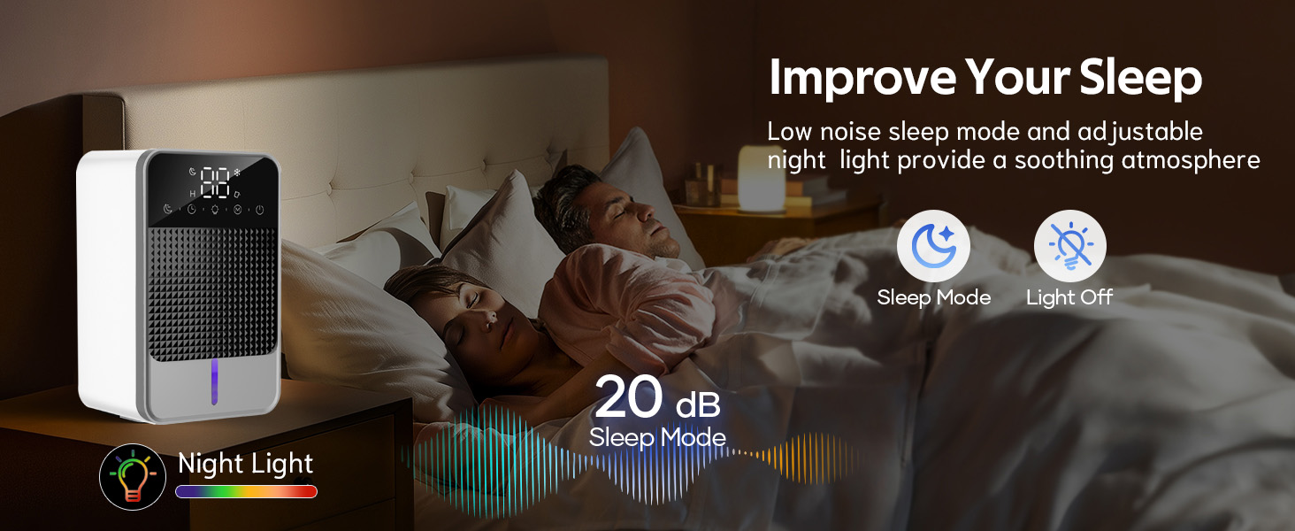 Der Text lautet 'Verbessern Sie Ihren Schlaf' und 'Nachtlicht'. Das Produktbild zeigt einen weißen Luftbefeuchter mit einer sanften Umgebungslichtfunktion und zeigt die Spezifikation « 20 dB » für einen leisen Betrieb.