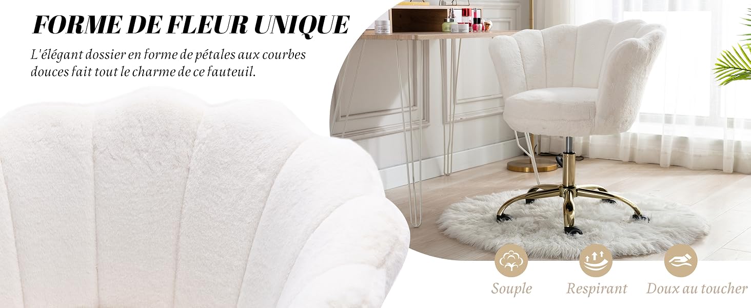 Le texte indique « FORME DE FLEUR UNIQUE ». Canapé blanc en forme de fleur dans un cadre de salon lumineux et moderne avec des éléments décoratifs.