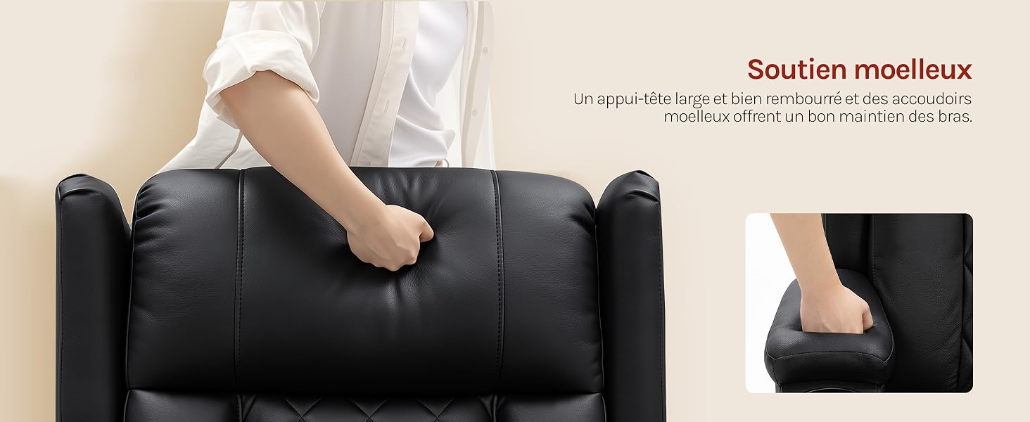 Le texte indique « Cire buccale Sourffon ». Coussin ou coussin de siège matelassé noir vu de dessus et détail de la texture et des matériaux en angle latéral.