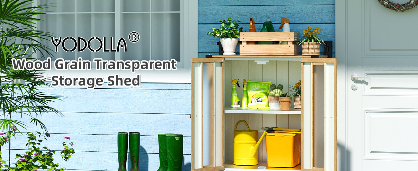 Auf dem Text steht „Transparenter Lagerschuppen mit Holzmaserung“. Moderner Stauraum mit Holzrahmen und transparenten Paneelen, dargestellt im Freien mit sichtbaren Pflanzen.