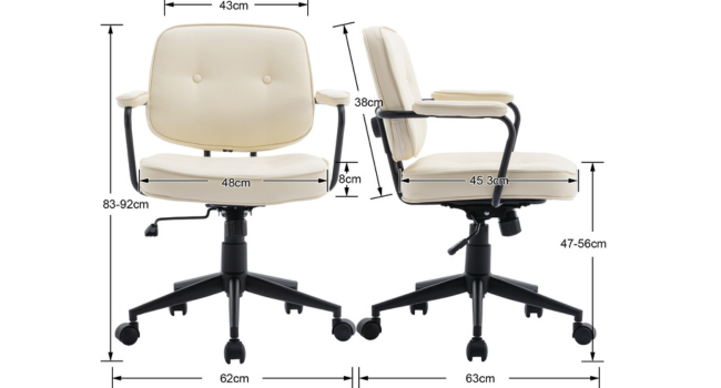 Schéma technique d'une chaise de bureau de couleur crème avec accoudoirs, montrant plusieurs dimensions de mesure
