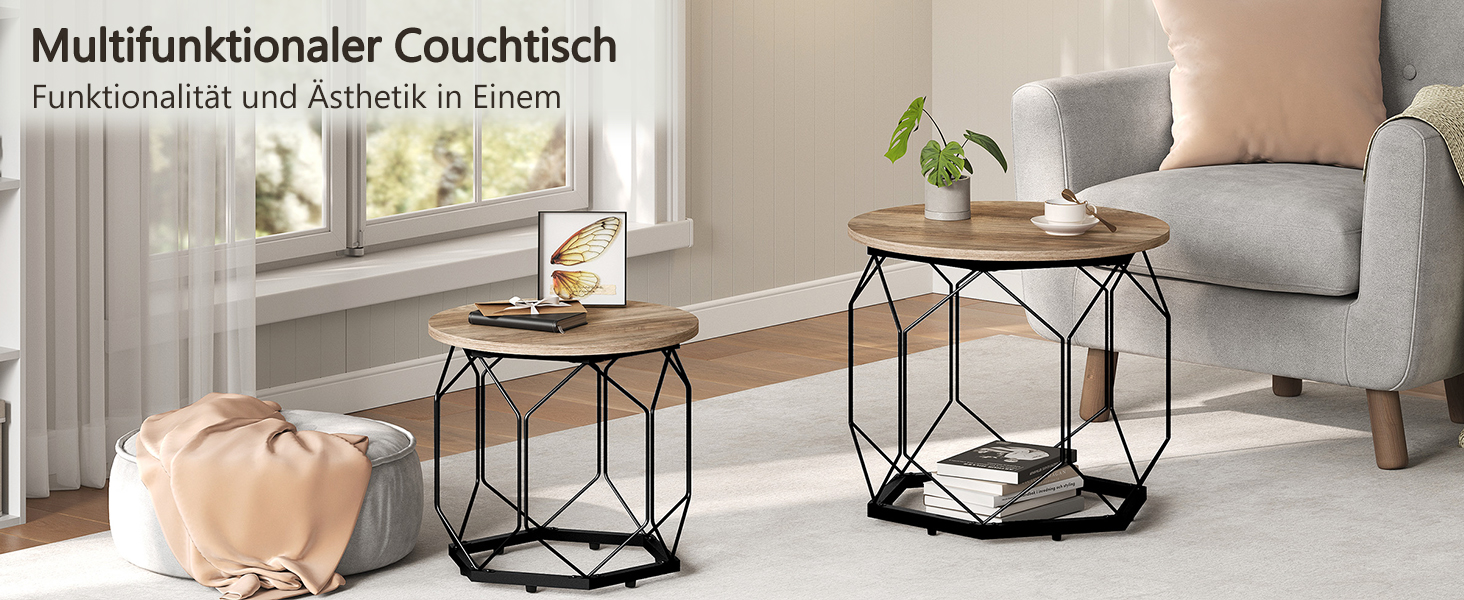 Set moderner geometrischer Couchtische mit schwarzen Metallrahmen und Holzplatten, dargestellt im Wohnzimmer mit grauem Sessel und beigem Hocker