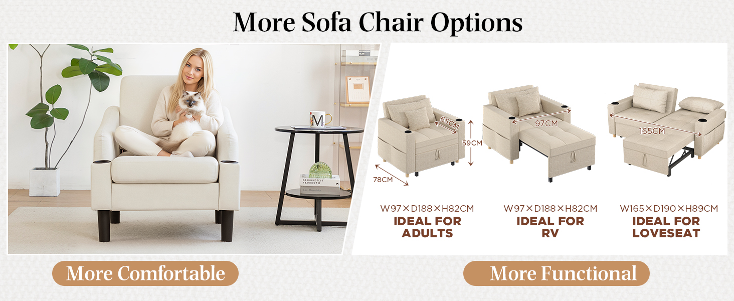 Text reads: 'More Sofa Chair Options', 'More Comfortable', 'More Functional'. Product lineup showing three variations of a beige reclining sofa chair in different positions.