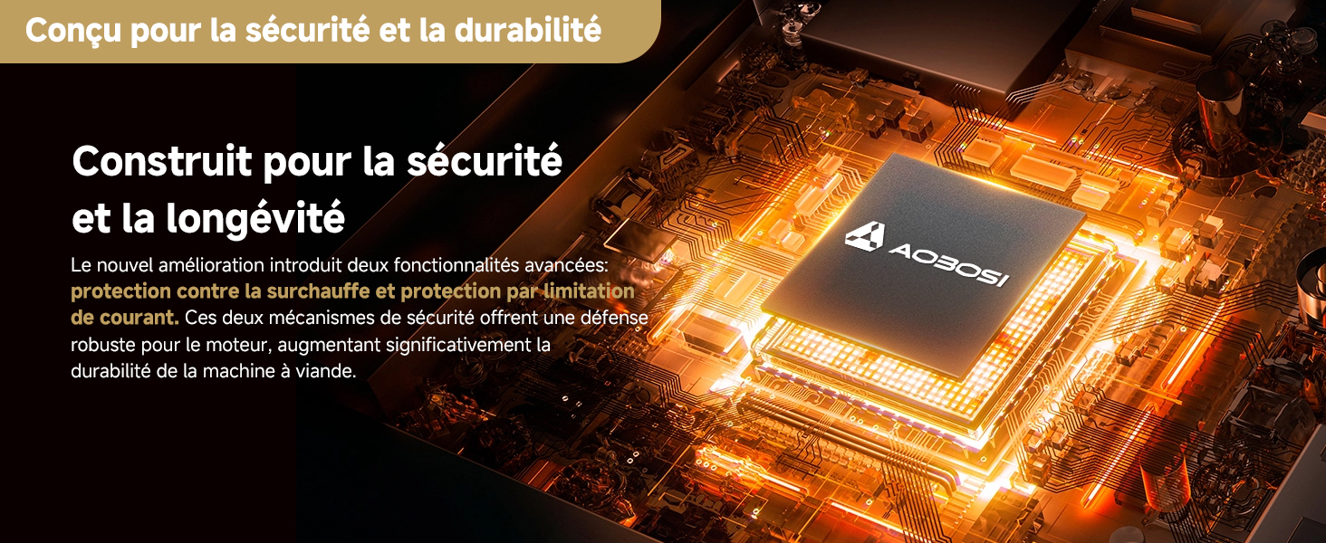 Puce de processeur d'ordinateur lumineuse sur fond de circuit imprimé illuminé en orange avec texte français sur la sécurité