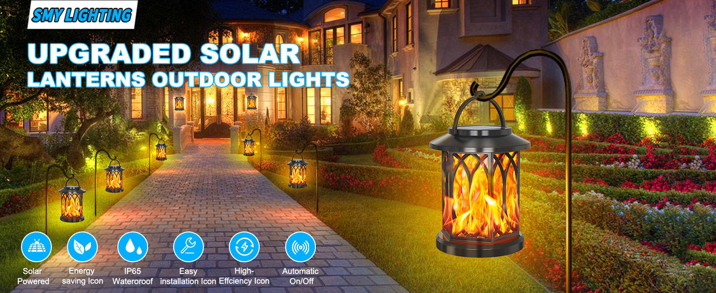 Solar-powered outdoor lanterns with flickering flame effect, illuminating a garden pathway at night. Product features listed below image.