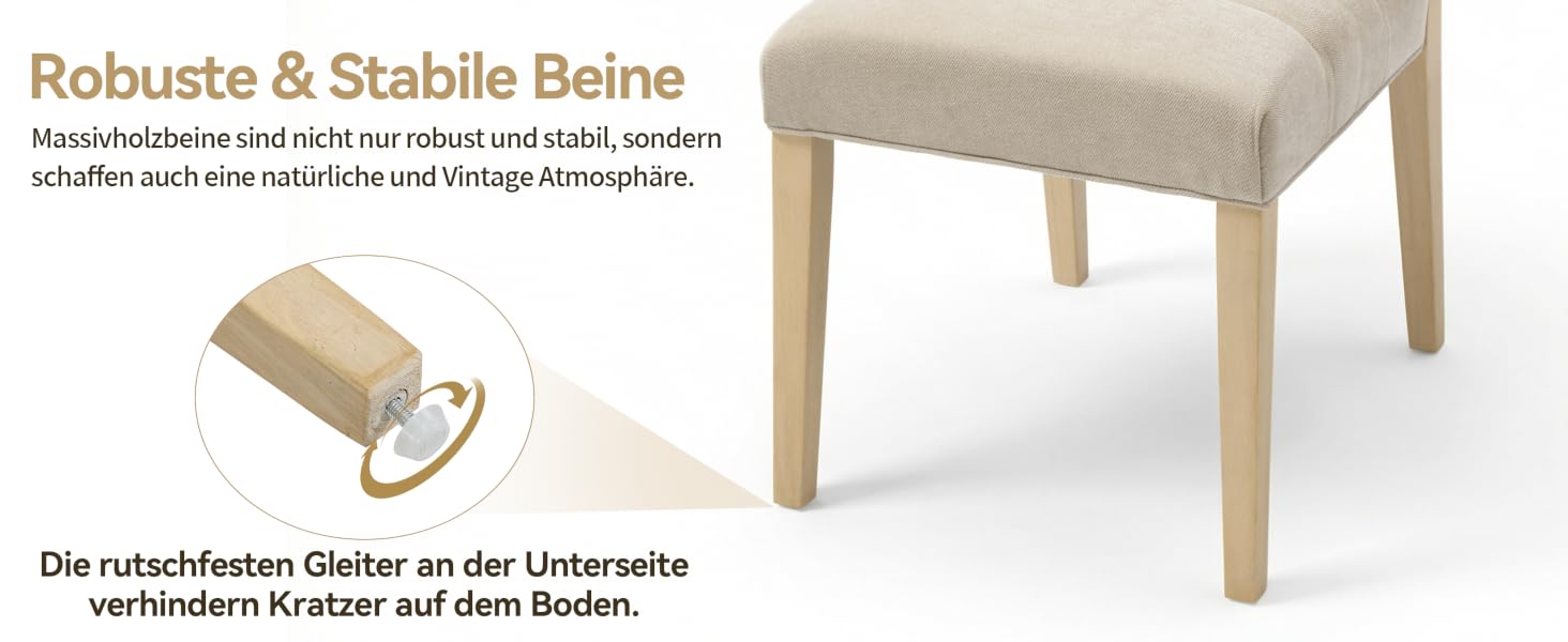 Der Text lautet „Robuste &amp; Stabile Beine“. In verschiedenen Winkeln abgebildete Möbelbeine mit kratzfesten Bodenschonern auf beigem Polsterteil.