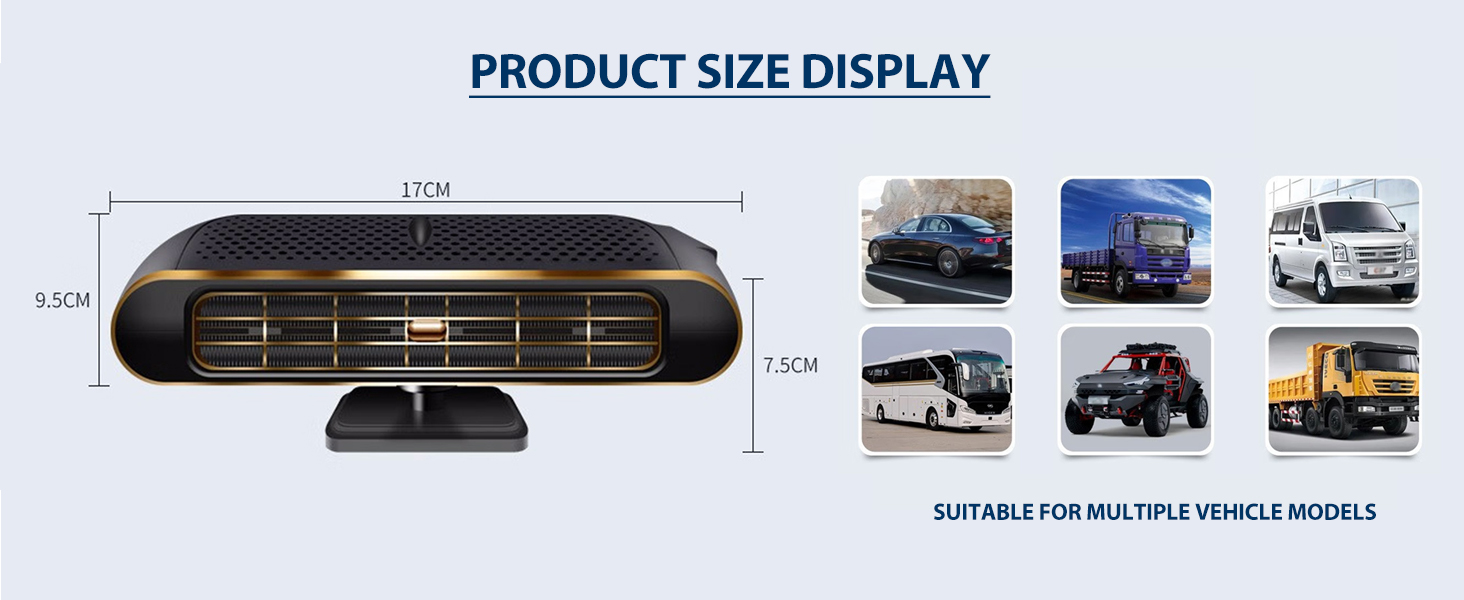 Text reads 'PRODUCT SIZE DISPLAY' and 'SUITABLE FOR MULTIPLE VEHICLE MODELS'. Product dimensions diagram showing measurements and vehicle compatibility illustrations.