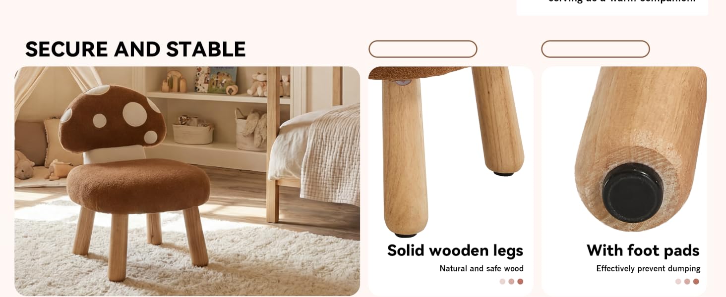 Text reads 'SECURE AND STABLE' with 'Solid wooden legs' and 'With foot pads'. Sepia-toned furniture assembly diagram showing wooden stool components.