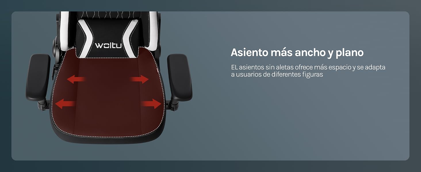 El texto dice «Asiento más ancho y plano». Asiento elevador rojo con dos asas negras mostradas de arriba hacia abajo sobre fondo gris.