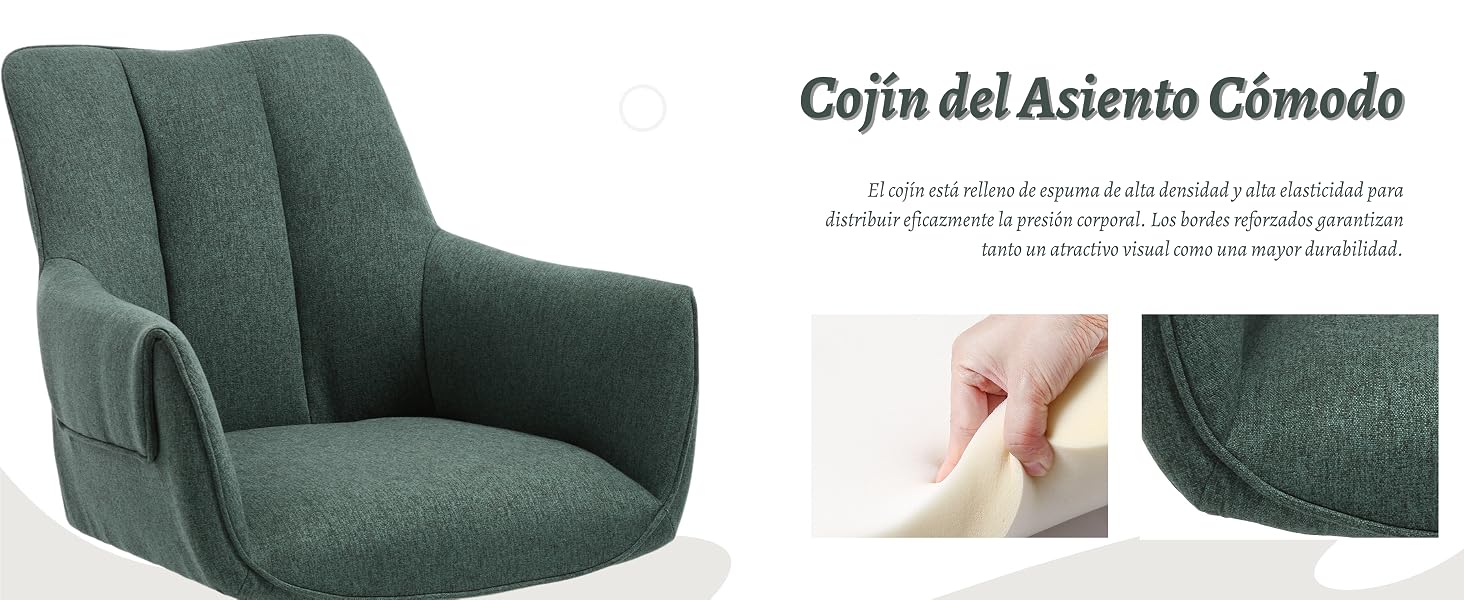 El sillón o sillón reclinable tapizado en verde se muestra desde varios ángulos, con un diseño ergonómico curvo con acabado de tela texturizada.