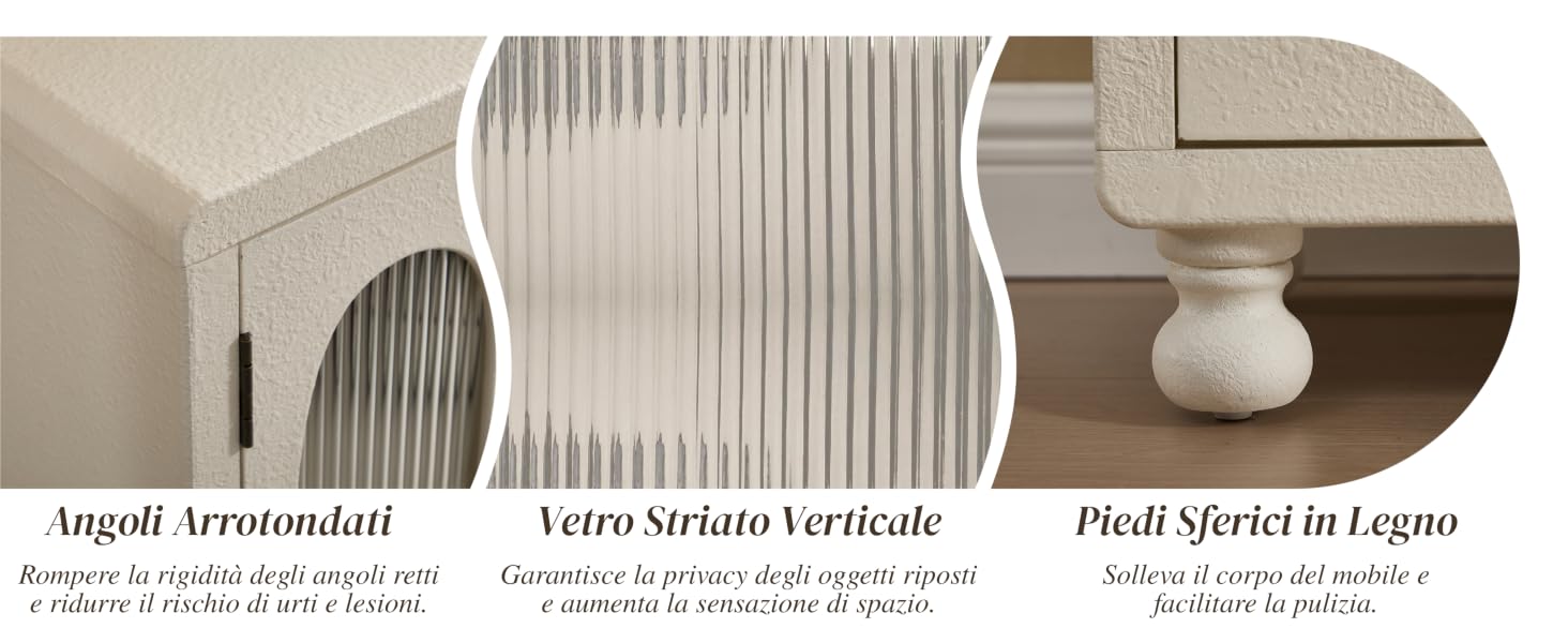 Il testo recita «Angoli Serroandati», «Vetro Striato Verticale», «Piedi Sferici in Legno». Viste multiple di componenti d'arredo color crema con pannelli in vetro e angoli arrotondati.