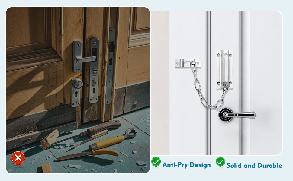 Door security comparison showing improper installation with exposed tools versus proper anti-pry design with reinforced lock mechanism.