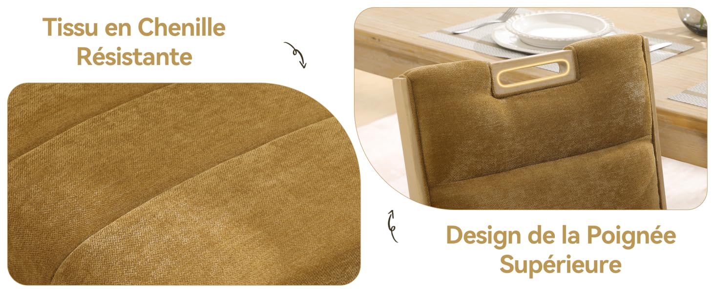 Le texte indique « Tissu en chenille résistante » et « Design de la Poignée Supérieure ». Vue rapprochée de la texture du tissu chenille brun et des détails du design de la poignée.