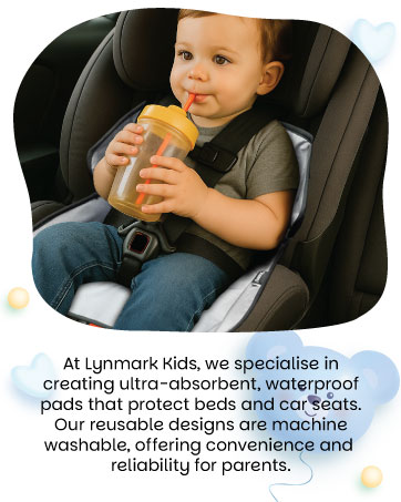 Text reads 'At Lynmark Kids, we specialise in creating stylish sustainable everyday use posts that protect bibs and car seats. Our reusable designs are machine washable, offering convenience and reliability for parents.'