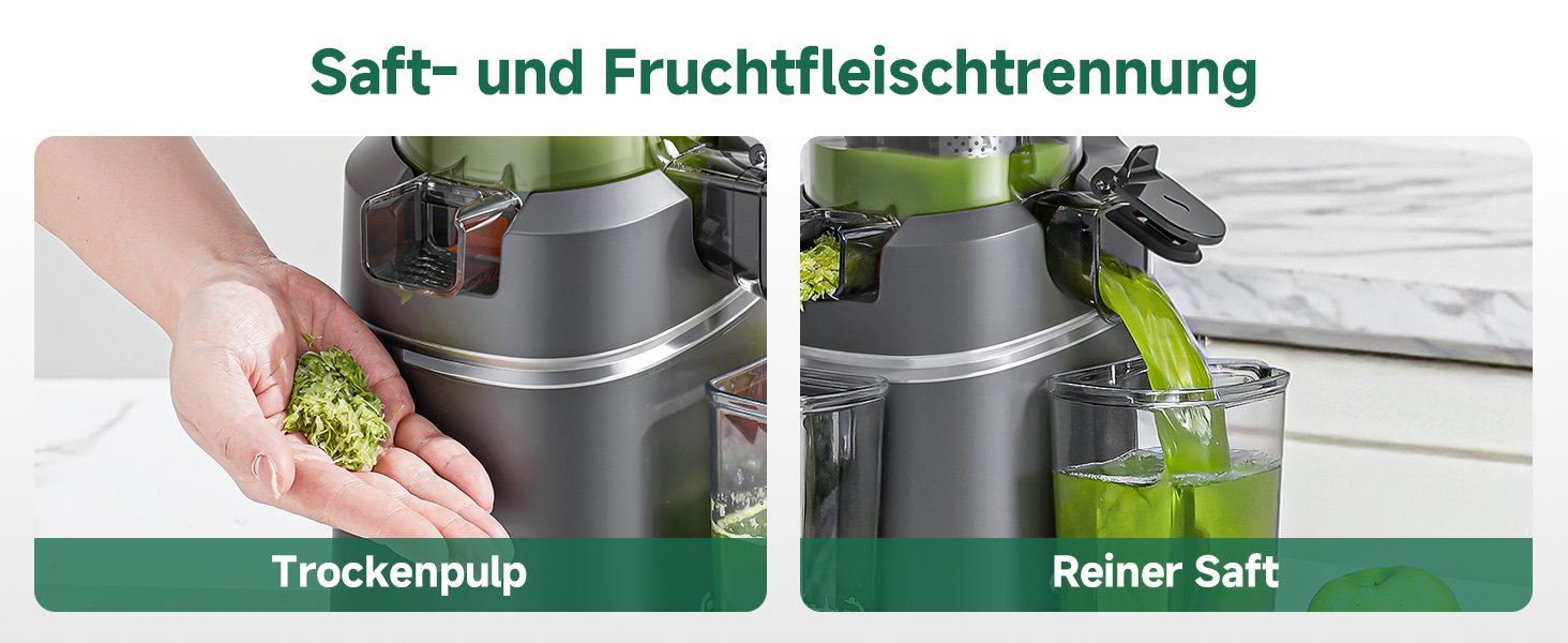 Der Text lautet „Saft- und Fruchtfleischentfernung“, „Trinkempfehlung“, „Reiner Saft“. Dunkler, zylindrischer Behälter mit frischen Kräutern, der die Funktion zur Trennung von Saft und Fruchtfleisch demonstriert und gleichzeitig verwendet werden kann.