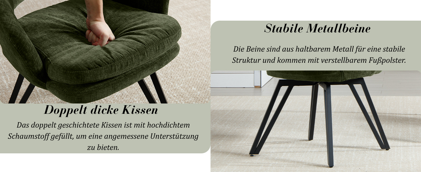 Der Text lautet: 'Stabile Metallbeine' und 'Doppelt dicke Kissen'. Dunkelgrüner Polsterstuhl mit Metallbeinen, die aus mehreren Blickwinkeln dargestellt sind.