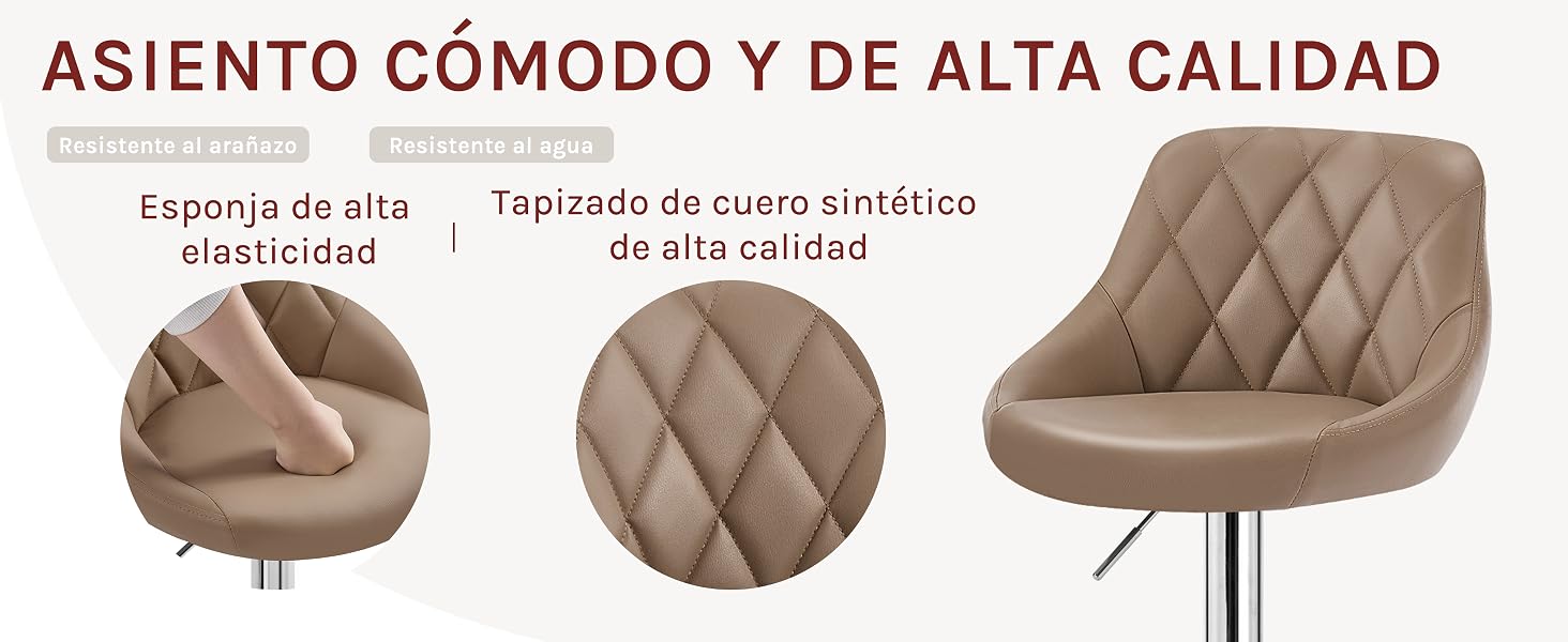 de piel color topo con respaldo bordado en diamante. Las características incluyen espuma de alta elasticidad y tapicería de cuero sintético. Tres paneles muestran primeros planos del cojín, las costuras y una vista completa
