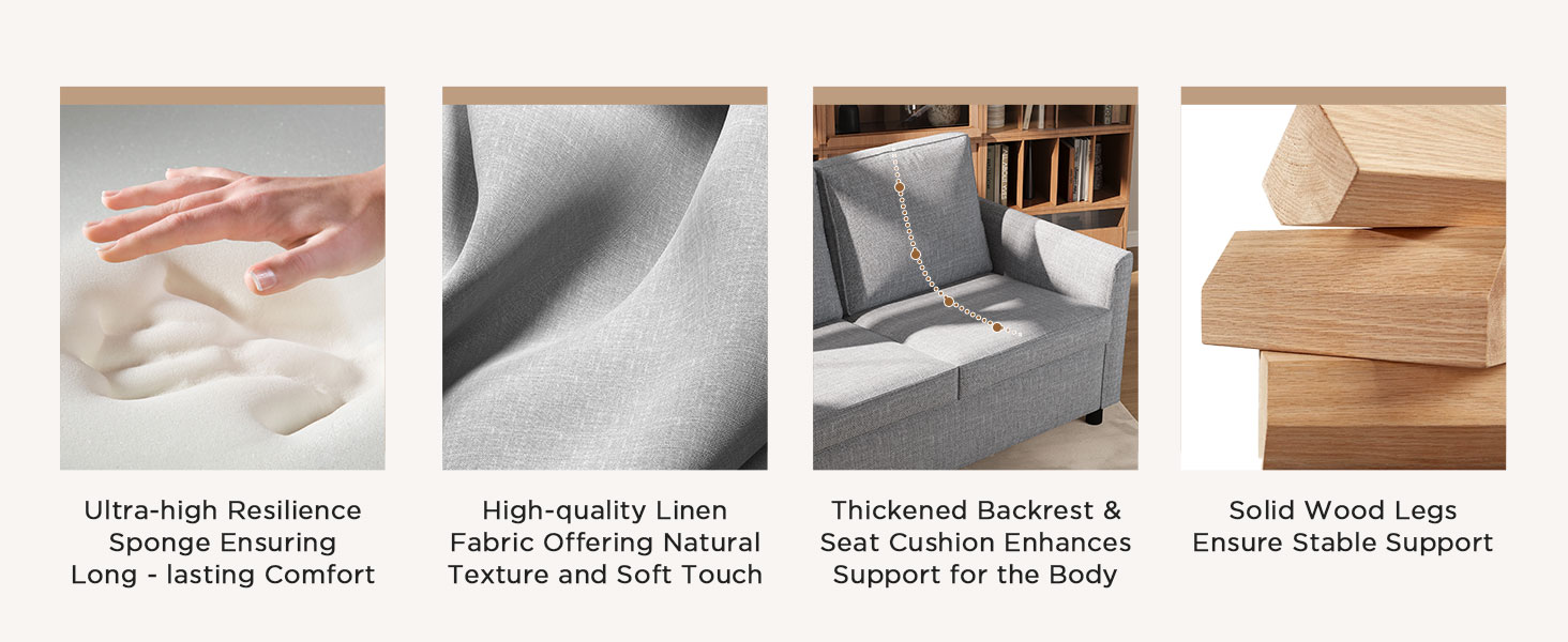 Four-panel product feature display showing different aspects of a bedding or fabric product in beige and gray tones.