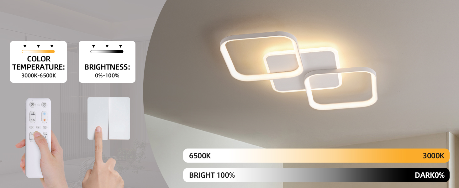Moderne LED-Deckenleuchte mit drei miteinander verbundenen rechteckigen Rahmen. Die Fernbedienung stellt die Farbtemperatur von 6500 K bis 3000 K und die Helligkeit von 0 bis 100% ein. Hände demonstrieren die Fernbenutzung.