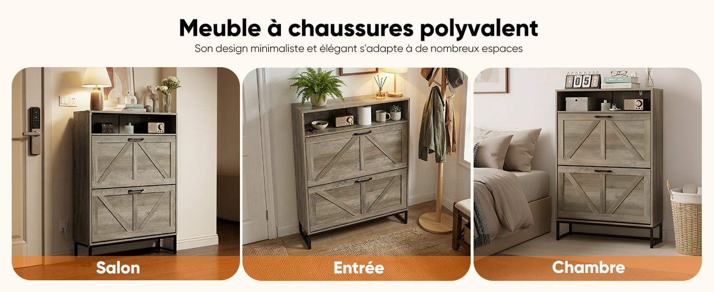 Le texte indique « Meuble à chaussures polyvalent ». Collage montrant plusieurs vues d'un meuble de rangement à chaussures en bois dans différents décors de pièces, notamment le salon, l'entrée et la chambre.