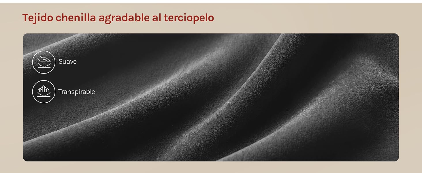 El texto dice «Tejido chenilla ajustable al teñido» sobre un patrón de tejido textil microscópico en blanco y negro que muestra detalles de la estructura de las fibras de la tela.