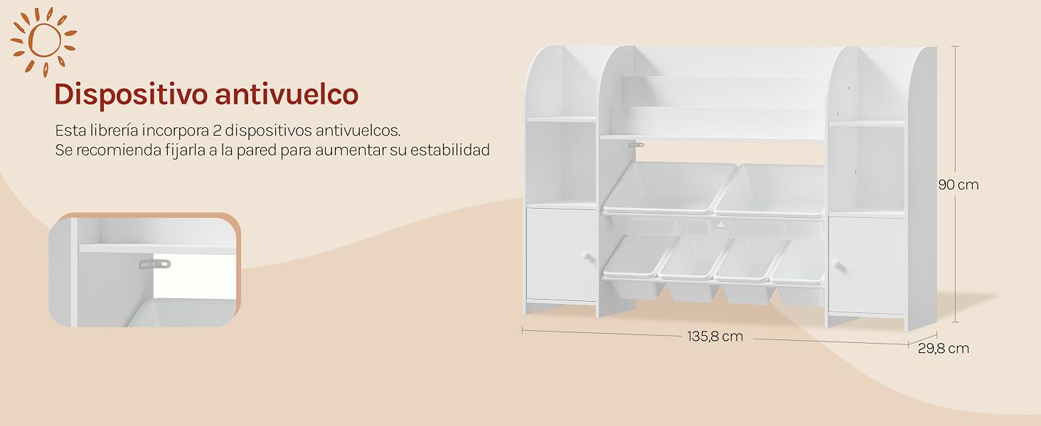 El texto dice «Dispositivo antivuelco» (dispositivo antivuelco). El fondo beige muestra el diagrama técnico del sistema de barrera de seguridad con las medidas etiquetadas y los detalles de instalación para proteger el producto.