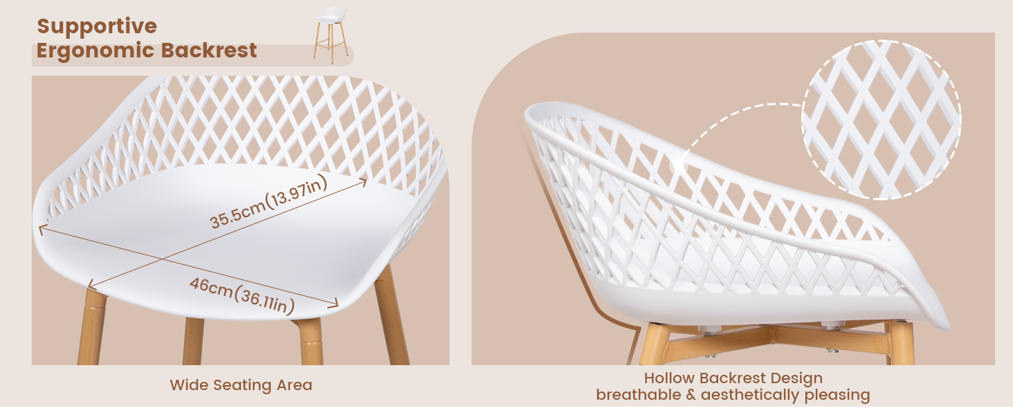 Chaises blanches en plastique ou en résine présentées sous plusieurs angles, dotées d'un dossier à motif en treillis et d'un design contemporain. Les images du produit montrent la structure complète de la chaise et les détails des sièges.