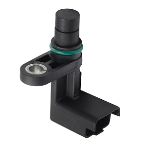 Black plastic automotive camshaft position sensor with green O-ring seal and electrical connector mount.