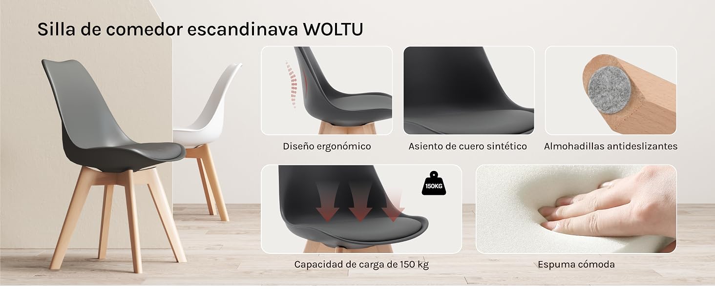 con asiento de tela gris, carcasa de plástico negro y patas de madera. Varias vistas muestran los detalles y el ensamblaje del cojín.