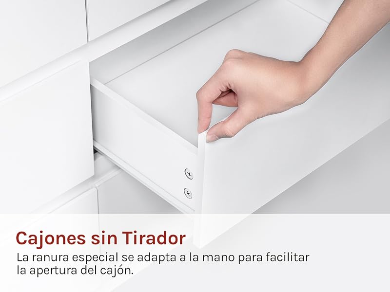 El texto dice «Cajones sin Tirador». La textura especial se adapta a la mano para facilitar la apertura del cajón. Demostración de la técnica de apertura de cajones sin tirador.