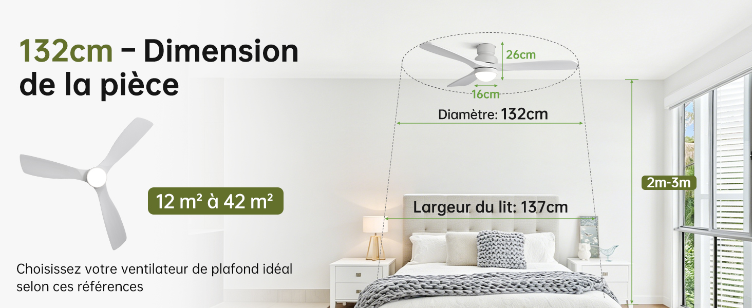Le texte indique « 132 cm - Dimension de la pièce » avec un diagramme de mesure montrant les marques des règles et le produit en piquet de jardin dont les dimensions sont étiquetées.