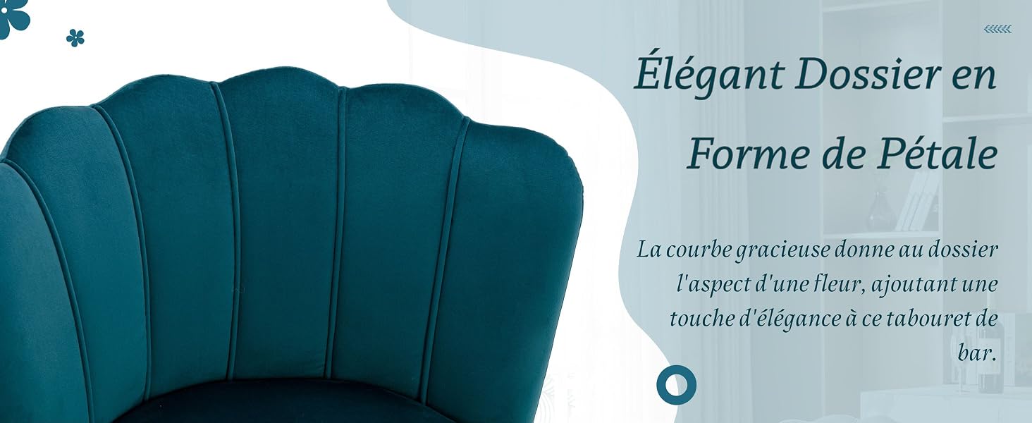 Le texte se lit comme suit : « Élégant Dossier en Forme de Pétale ». Coussin ou dossier rembourré en forme de pétale en velours teau/turquoise sur fond blanc.