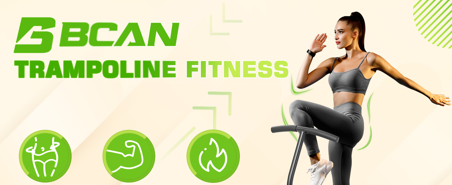 sur l'équipement de fitness pour trampoline BCAN mettant en vedette une femme faisant de l'exercice. Les icônes vertes montrent les avantages pour les abdominaux, les bras et la combustion des calories.