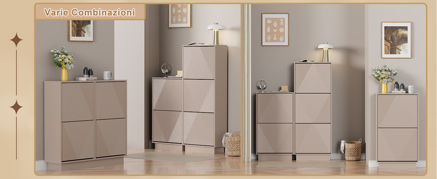 Collezione di armadi beige abbinati disposti in diverse altezze, con più cassetti e design minimalista contro una parete neutra con opere d'arte incorniciate.