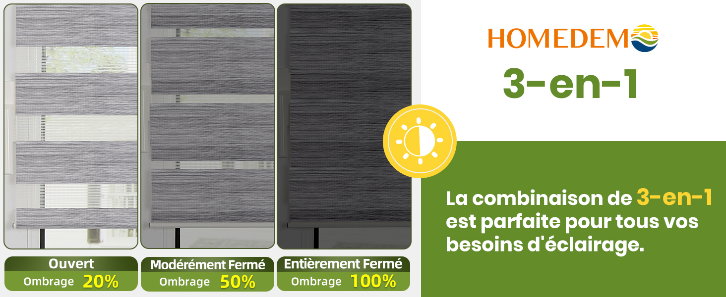 en trois nuances de gris. Le produit présente des options d'exposition directe au soleil, de semi-opacité et d'occultation pour un contrôle polyvalent