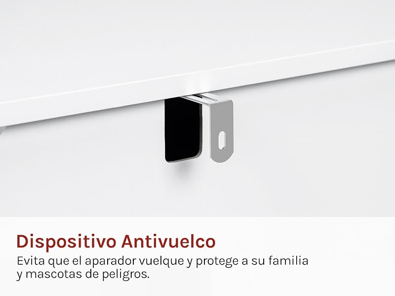 El texto dice «Dispositivo Antivuelco» en rojo, seguido de «Evita que el operador vuelque y protege a su familia» en texto más pequeño. Muestra una ilustración sencilla del soporte de montaje.