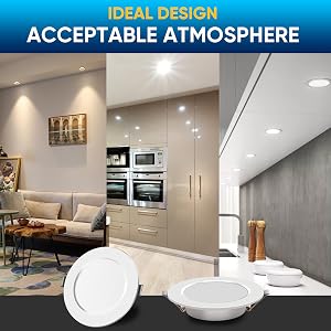 Modern kitchen interior lighting showcase with 'Ideal Design' header, featuring recessed ceiling lights and contemporary appliances.