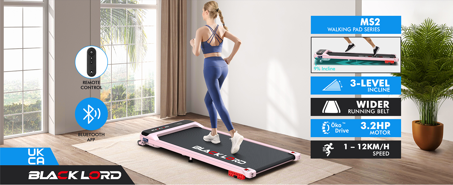 Foldable treadmill setup with digital display and bluetooth connectivity. Product features chart shows '3-LEVEL', 'MODES', '0-6KM/H' specifications.