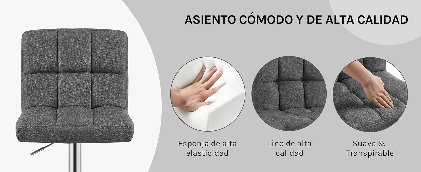 de color gris oscuro con características del producto que muestran comodidad, suavidad y facilidad de transporte demostradas en tres paneles circulares