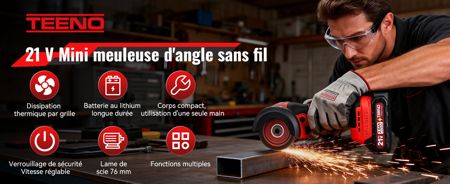 Le texte indique « TEENO », « Mini meuleuse d'angle sans fil 21 V », « Charger rapide », « Batterie 1,5 Ah », « Système d'outil rapide ». Meuleuse d'angle sans fil rouge avec un technicien démontrant l'utilisation sur la pièce.