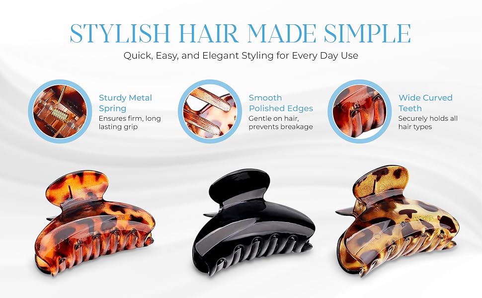Series of tortoiseshell pattern hair claw clips shown in different positions, displaying their gripping mechanism and size variations.