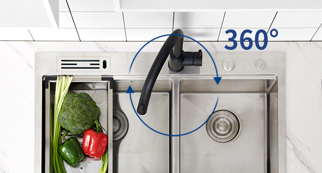 with a 360-degree rotating faucet, two basins, and a colander for fresh vegetables. Demonstrates versatile functionality