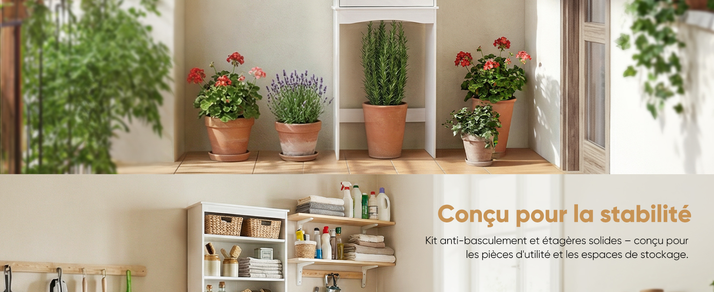 Le texte se lit comme suit : « Conçu pour la stabilité ». Série de photos montrant des plantes en pot disposées sur des rebords de fenêtres et des étagères avec diverses herbes et plantes à fleurs.