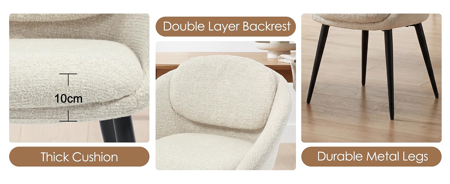 Text reads 'Double Layer Sparkles', '10cm', 'Thick Cushion', 'Durable Metal Legs'. Collage showing cushioned chair seat details and metal leg construction.